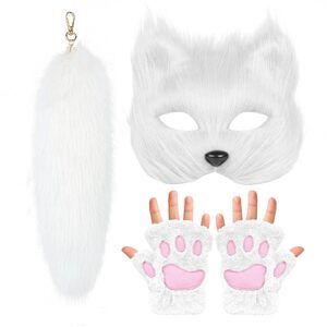 5166 Therian Mask Fox Wolf Cat Tail Paw Plush Glovess Set